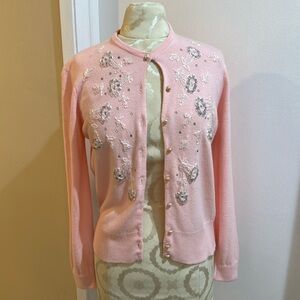 Jane Irwill Vintage Floral Pink Beaded Swarovski Faux Pearl Button Soft Cardigan